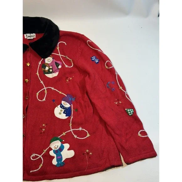 AMBRA HO HO HO SNOWMAN CARDIGAN 2XL CHRISTMAS SWEATER PARTY RED VINTAGE FUR - Picture 3 of 16